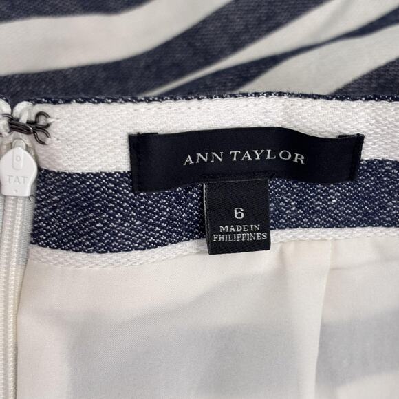Ann Taylor Pencil Skirt 6 Gray Navy White Linen Cotton Zipper Pockets Nautical - Picture 9 of 13